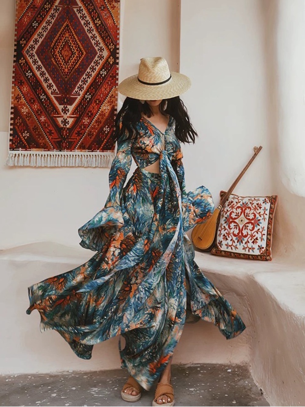 Printed Satin Maxi Dress Bell Sleeve Cutout Slit Vacation Party M